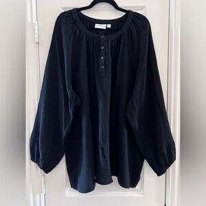 Kim Gravel Black Cotton Gauze 1/4 Button Blouse